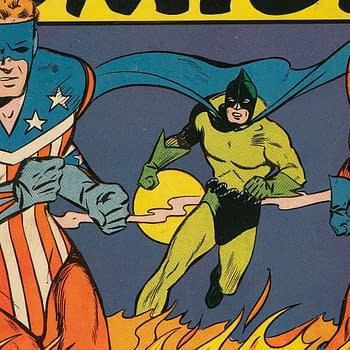 An illustration from Pep Comics #20 featuring three superheroes: one wearing a stars-and-stripes costume, another in a bright green outfit, and the last in a blue and red suit, all running through a fiery landscape against a dramatic sky.