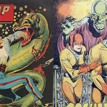 An illustration from 'Scoop Comics' featuring a dynamic scene where a sharply dressed man confronts a monstrous creature. The left side portrays 'Rocket Man' battling a large serpent, while the right side displays two superheroes in costumes, one with a distinct mask and cape, facing a sinister green figure.