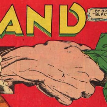 A cartoon illustration featuring a large hand gripping a man in a green suit, with an expression of shock. The background is bright red with bold text stating 'THE HAND.'