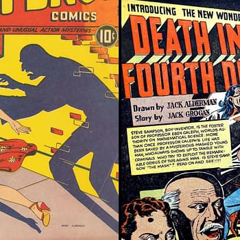 A vintage comic book cover featuring a woman in a red dress fleeing from a shadowy figure, alongside a dramatic scene from a story titled "Death in the Fourth Dimension," showcasing a masked character and various characters reacting in surprise.