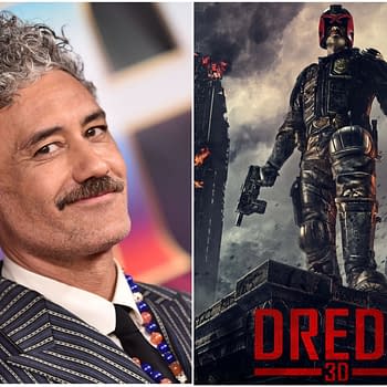 A side-by-side collage featuring Taika Waititi, noted for his curly hair and stylish attire, next to a dramatic depiction of the character Judge Dredd, wearing a helmet and armor, holding a gun in a dystopian setting. The word 'DREDD' is prominently displayed at the bottom of the image.