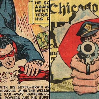 A colorful comic illustration featuring a superhero with a red cape flying with determination, alongside a close-up of a police officer aiming a gun, set against a backdrop of a vintage newspaper fragment.