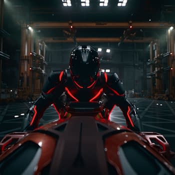 A futuristic scene featuring a character in a sleek, black and red suit, representing Ares from Disney's live-action film, TRON: ARES. The character is poised on a high-tech vehicle in an industrial setting with dramatic lighting.