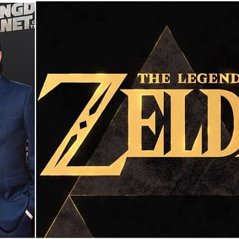 A man in a suit stands on the left side, while the right features the logo of 'The Legend of Zelda' in bold gold letters over a black background, accompanied by a triangular design.