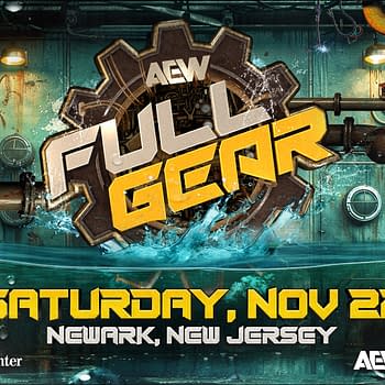 A promotional banner for AEW Full Gear featuring a gear logo surrounded by industrial elements like pipes and water splashes. The date and location are prominently displayed.