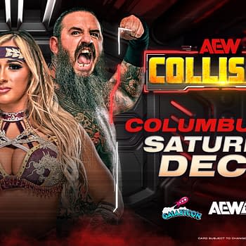 A promotional image for AEW Collision featuring three wrestlers. The background is dark with red accents, and the text highlights the event details including the location and date: Columbus, OH, on Saturday, December 6.