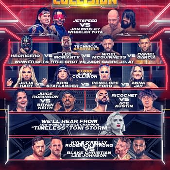 A promotional graphic for AEW Collision featuring various wrestling matches and competitors, including JetSpeed, Jon Moxley, and Wheeler Yuta. The graphic highlights several matches and mentions a special appearance by AEW Women's World Champion Toni Storm.