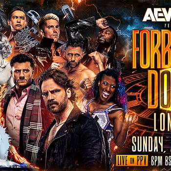 A colorful illustration for the AEW x NJPW Forbidden Door event, featuring prominent wrestlers amidst a background of flames and London’s Big Ben clock tower. The event details and date are prominently displayed.