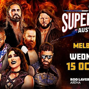 Promotional graphic for WWE's SuperShow Australia featuring a group of professional wrestlers against a fiery backdrop, with text detailing the event date and location.