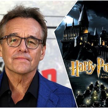 A portrait of Chris Columbus, the director of 'Harry Potter and the Sorcerer's Stone,' alongside a dark, atmospheric graphic of Hogwarts Castle and the movie title. The image highlights Columbus's expression and his connection to the Harry Potter franchise.