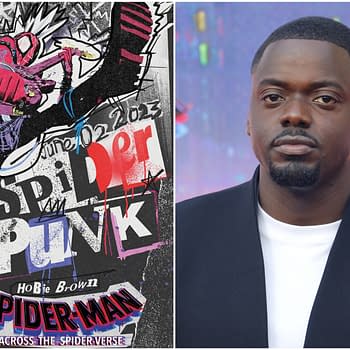 A colorful illustration featuring the character Spider-Punk, depicted as a punk rock teenager playing a guitar. The image also includes a close-up of actor Daniel Kaluuya at an event related to 'Spider-Man: Across the Spider-Verse'.