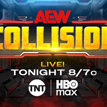 A promotional graphic for AEW Collision featuring bold text. The word 'COLLISION' is prominently displayed in a striking yellow and orange with a black background, along with details for the live broadcast on TNT and HBO Max.