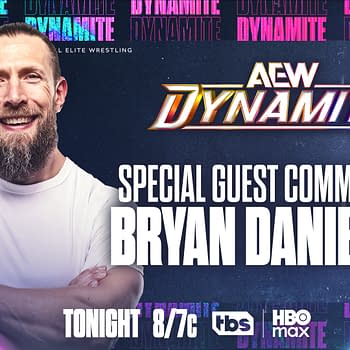 A promotional graphic featuring a smiling man with a beard, wearing a white shirt. The background has vibrant colors and the logo for AEW Dynamite, announcing him as the special guest commentator.