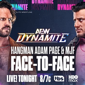 A promotional graphic featuring two professional wrestlers, Hangman Adam Page and MJF, facing each other with intense expressions. The background includes colorful graphics and highlights the AEW Dynamite branding, showcasing the event live tonight.