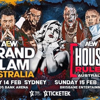 A promotional poster featuring professional wrestlers for AEW's upcoming events in Australia, including 'AEW Grand Slam' in Sydney and 'AEW House Rules' in Brisbane, with bold graphics and event details prominently displayed.