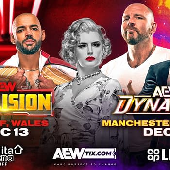 A promotional graphic featuring wrestlers for the AEW events in December. It includes text for 'AEW COLLISION' in Cardiff, Wales, and 'AEW DYNAMITE' in Manchester, England, alongside images of four wrestlers in dynamic poses.
