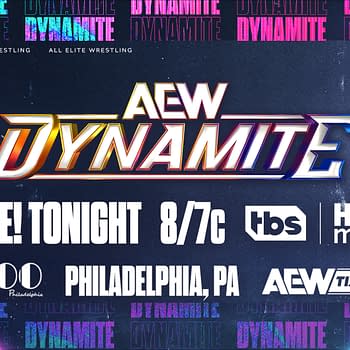 A promotional graphic for AEW Dynamite featuring vibrant colors and the show's logo. The design includes details about the live event such as the time, location in Philadelphia, and broadcasting information.