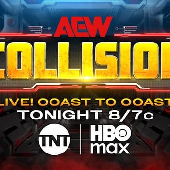 A promotional graphic for AEW Collision features bold yellow and red text with a sci-fi background. It announces a live event airing on TNT and HBO Max tonight at 8/7c.