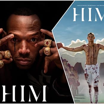 A split image features two contrasting scenes related to the film 'HIM.' On the left, a man adorned with multiple gold rings stares intensely, while on the right, a muscular man stands confidently, holding a football and covered in fake blood, surrounded by cheerleaders.