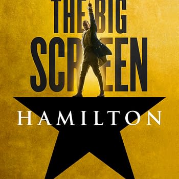 A promotional poster for the musical 'Hamilton,' featuring bold text announcing its screening on the big screen. The background is a vibrant yellow with a prominent black star, and the name 'Hamilton' is displayed at the bottom, along with the release date of September 5.