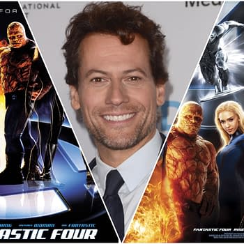 A collage featuring Ioan Gruffudd smiling in the center, with movie posters from the 'Fantastic Four' franchise on either side, showcasing characters like The Thing and Human Torch. The posters display dynamic graphics and action themes related to the superhero series.