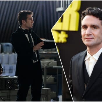 A split image featuring director Jake Schreier on a film set, discussing with a female character in costume on the left, and a close-up of Schreier dressed in a suit at a premiere event on the right.