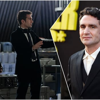 A split image featuring director Jake Schreier on a film set, discussing with a female character in costume on the left, and a close-up of Schreier dressed in a suit at a premiere event on the right.