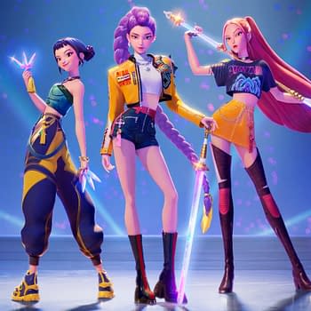 A vibrant digital illustration featuring three stylized female characters, each holding unique weapons, set against a colorful background with glowing lights. The characters showcase a blend of contemporary fashion and a fantasy aesthetic, embodying the theme of KPop Demon Hunters.