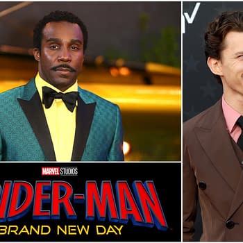 A promotional image for 'Spider-Man: Brand New Day,' featuring a logo at the bottom. Above the logo, there are two men: one dressed in a bright yellow shirt with a teal blazer and bow tie, and the other in a brown suit with a pink shirt, smiling at the camera.