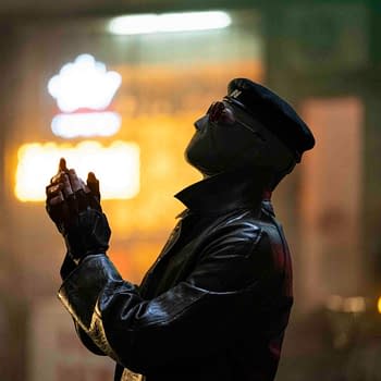 The Running Man poster features a character wearing a black leather coat and gloves, looking upwards with a masked face and sunglasses, set against a softly glowing background.