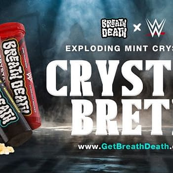 A promotional graphic featuring bright packaging for 'Crystal Breth' mint crystals, highlighting the partnership between Breath Death and WWE. The image includes two containers, one black and one red, against a dramatic smoky background.