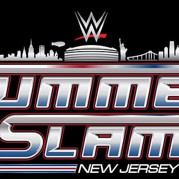 A logo for WWE SummerSlam featuring the words 'Summer Slam' in bold metallic letters, with a stylized skyline and iconic landmarks like the Statue of Liberty and a stadium in the background.