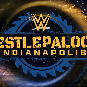 A logo for the WWE Wrestlepalooza event featuring bold yellow text on a black background with a blue gear design and sparks. The design includes the WWE logo at the top and notes the event's location as Indianapolis.