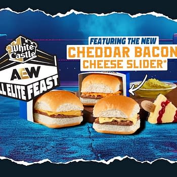 A logo for White Castle's AEW All Elite Feast featuring the new Cheddar Bacon Cheese Slider, with sliders displayed on a wooden board beside pickles and dessert. The setting has a wrestling ring backdrop.