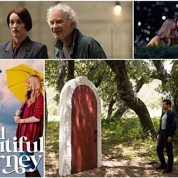 A vibrant promotional collage for 'A Big Bold Beautiful Journey,' featuring two characters sharing umbrellas, a whimsical door in a forest, and intimate moments between couples set against various backgrounds.