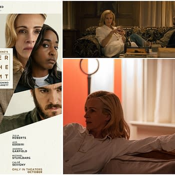 A promotional poster for the film "After The Hunt," featuring key characters including Julia Roberts, Ayo Edebiri, and Andrew Garfield, alongside various scenes from the movie. The text indicates the film is directed by Luca Guadagnino, with hints at its dramatic themes.