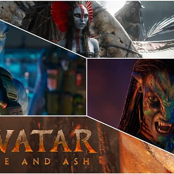 A digital collage featuring characters from 'Avatar: Fire and Ash,' showcasing vibrant visuals of Na'vi characters, including a fierce warrior with striking facial markings, set against a backdrop of rich colors and textures. The title 'Avatar: Fire and Ash' is prominently displayed at the bottom.
