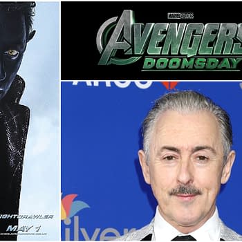 A promotional image featuring the logo for 'Avengers: Doomsday' and a character resembling Nightcrawler with blue skin and yellow eyes, alongside a photo of Alan Cumming, a middle-aged man with light hair and a mustache, dressed in a gray suit.