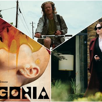 A collage for the film 'Bugonia,' featuring a character on a bicycle, a surreal close-up of a face with colorful liquid dripping, and a woman in a stylish outfit walking outside. The image emphasizes themes of modern life and visual intrigue related to the movie.