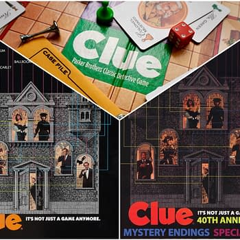 A promotional graphic for the 40th anniversary of the Clue game, featuring the iconic mansion with characters like Colonel Mustard and Miss Scarlet displayed in windows. The design includes colorful lines connecting the characters and a prominent logo stating "Clue - Mystery Endings Special Event."
