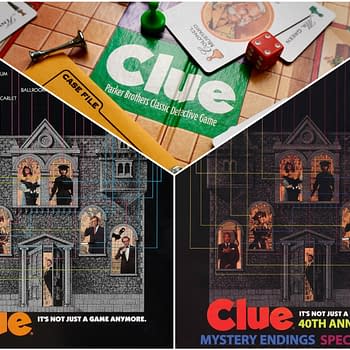 An illustration celebrating the 40th anniversary of the classic detective game Clue, featuring a mansion with various characters and tools associated with the game. The design includes colorful lines connecting characters to their respective rooms and weapons, emphasizing the mystery aspect of the game.