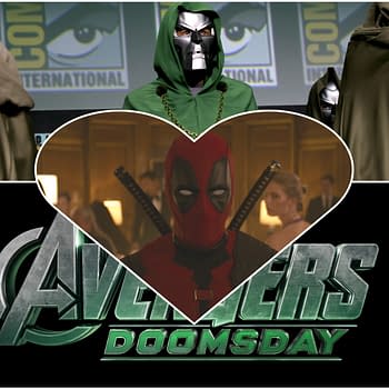 A collage featuring characters from comic book lore, prominently showcasing Deadpool in a red and black costume with katana swords, alongside a green-hooded figure resembling Doctor Doom. The background displays the 'Avengers: Doomsday' title in bold lettering, emphasizing a superhero theme.