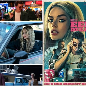A promotional collage for the film 'Eenie Meanie', featuring an illustrated poster with a blonde woman and several characters, alongside stills from the movie including scenes set in a casino and a car. The poster emphasizes the film's title in bold pink lettering.