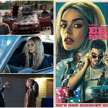 Collage featuring behind-the-scenes shots from the film 'Eenie Meanie' with an illustrated movie poster prominently displaying a woman and various characters, suggesting themes of suspense and drama.