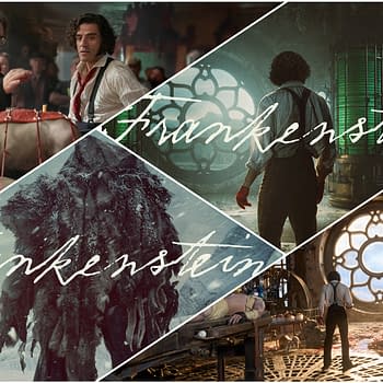 A collage depicting scenes from Frankenstein, showcasing a dramatic birth scene with a character in a lab, a mysterious cloaked figure in a snowy landscape, and a character standing in a gothic laboratory with a large stained glass window. The title 'Frankenstein' appears artistically overlaid on the images.