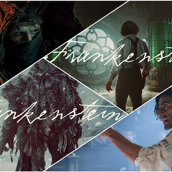 A collage featuring key scenes from adaptations of 'Frankenstein', showcasing characters in dramatic moments, including a figure in a hood, a scientist in a laboratory, and a creature in a snowy setting, all intertwined with the title 'Frankenstein' artistically overlaid.