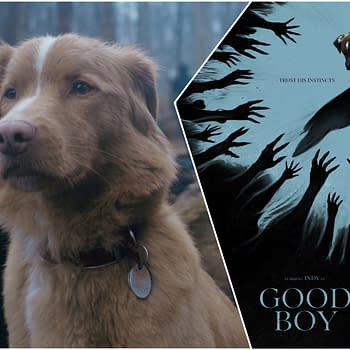 A medium shot of a golden-brown dog with a collar, looking focused, set against a dark forest background. The image is accompanied by a graphic poster featuring the text 'GOOD BOY' and abstract shadows of hands reaching out, emphasizing a mysterious theme.