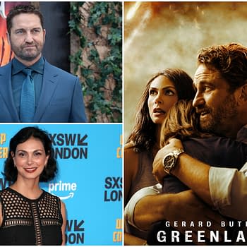 A montage featuring actor Gerard Butler in a blue suit, actress Morena Baccarin in a black outfit, and a still from the film 'Greenland' showing the characters in a dramatic embrace amidst a disaster backdrop. The image emphasizes themes of survival and family.