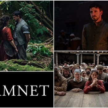 A collage representing 'Hamnet,' featuring a couple in a lush forest, a somber man in period clothing, and a crowd of expressive characters seated at a table, highlighting the emotional depth of the story.