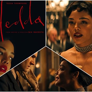 A promotional image for 'Hedda,' featuring actress Tessa Thompson in elegant attire, highlighting her poised expression and dramatic makeup. The design incorporates a collage of close-ups and a striking title, reflecting the film's intense emotional themes.